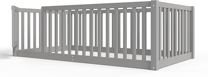 Bellemave Twin Size Montessori Floor Bed with 23.5" High Rails, Pine,Plywood Floor Bed with Small Door, Grey