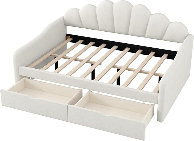 Merax Full Size Modern Upholstered Sofa Day Bed with Shall Shaped Backrest & Storage Drawers, Mutifunction Platform Bed with Wood Slat Support,Velvet Storage Bed Frame with Headboard/Twin, White