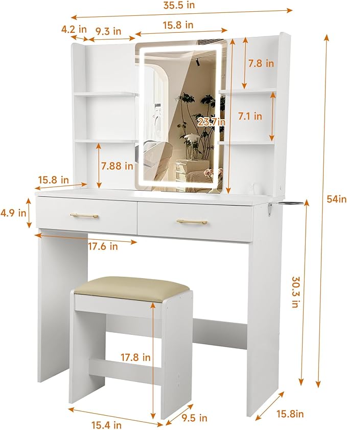 QUALIKRAFT Lighted Makeup Vanity Desk with Power Outlet & Stool, White Dressing Table with LED Mirror, with Drawers, 6 Shelves for Bedroom Organization, Gift for Women