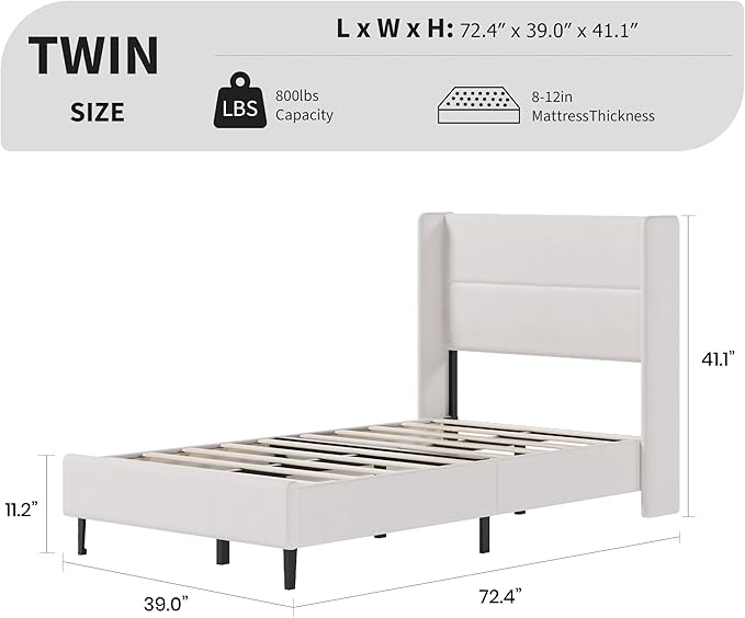 Garvee Twin Size Bed Frame with Wingback Headboard, Velvet Upholstered Platform Bedframe with Wood Slats, No Box Spring Needed, Easy Assembly, White