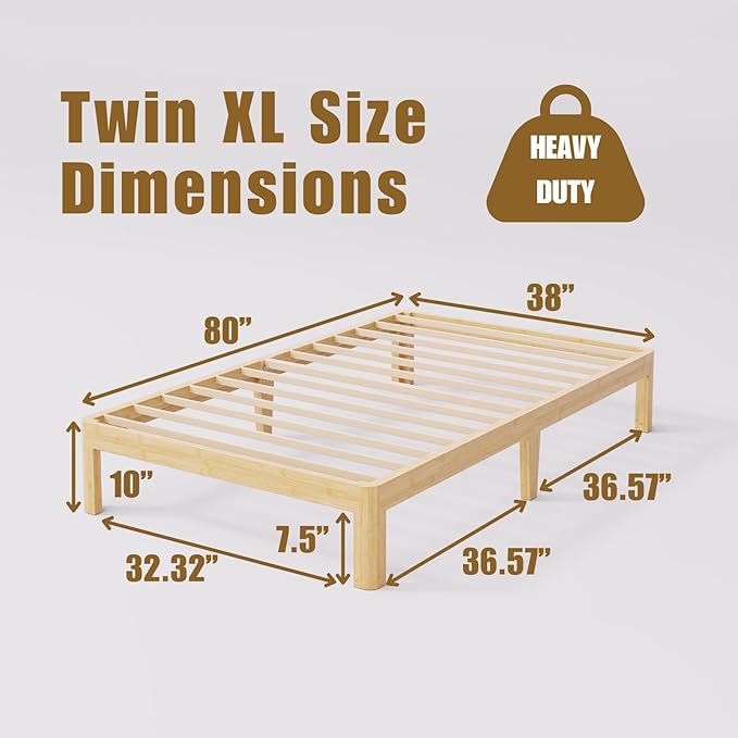 10 Inch High Bamboo Wood Twin XL Bed Frame Platform, Metal Slat Support XL Twin Bed Frame, No Box Spring Needed, Easy Assembly, Noise Free, Reinforced