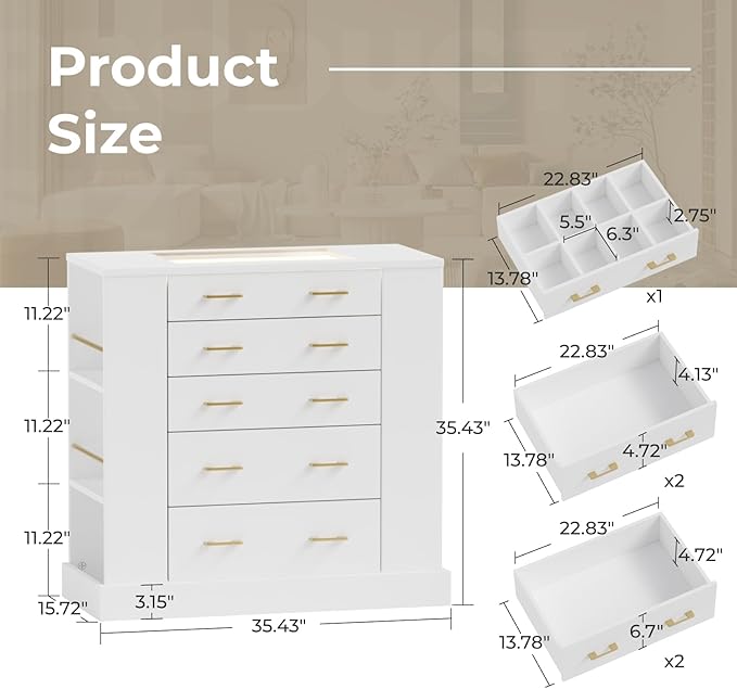 Closet Island with Glass Top, LED Lights and Jewelry Display, Bedroom Island with Open Shelves, Drawers Dresser & Walk-in Closet Island for Bedroom, Cloakroom, White 2