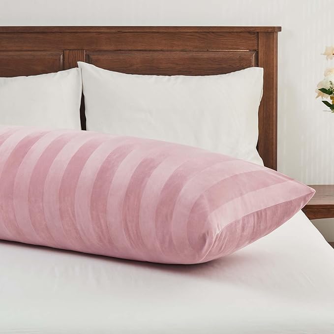 BEDELITE Velvet Body Pillow Cover with Zipper, Soft and Plush 20x54 Long Pillow Case, Velvety Smooth and Cozy Body Pillow Pillowcase for Bedroom, for All Seasons(Dusty Pink-Stripe)