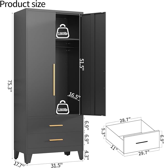 75.3" Tall Metal Wardrobe Closet - Large Clothing Storage Cabinet with 1 Hanging Rod, 1 Adjustable Shelve, 2 Drawers & 2 Doors - Closet Organizer for Bedroom, Office, Laundry Room, Garage - Black