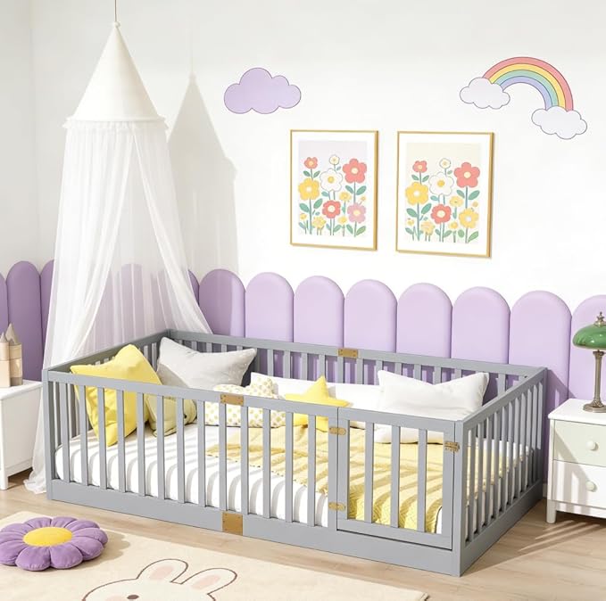 Bellemave Full Size Montessori Floor Bed with 21.5" High Rails, Rubber Wood Full Floor Bed with Slats and Door, Gray