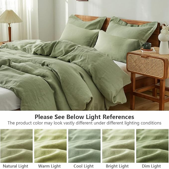 Simple&Opulence 100% Washed Linen Duvet Cover Set 5pcs(1 Duvet Cover& 2 Shams& 2 Pillowcases) Basic Style Natural French Flax Soft Breathable Farmhouse Bedding (King, Sage Green)