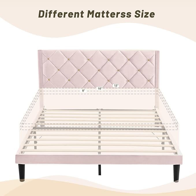 Full Bed Frame with Headboard, Bed Frame Full Size with Sturdy Wooden Slats Support, Platform Frame with Velvet Upholstered Headboard, Mattress Foundation, Easy Assembly, No Box Spring Needed Pink