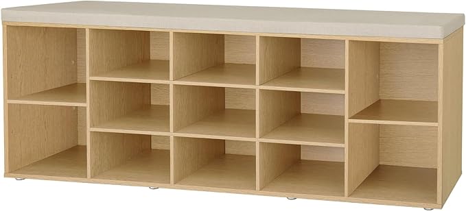 DINZI LVJ Shoe Storage Bench with Cushion, 13-Cubby Shoe Rack, Adjustable Shelves, Multifunctional Shoe Organizer Bench for Entryway, Mudroom, Hallway, Living Room, Bedroom and Garage, Natural
