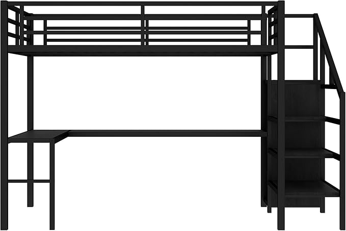 Full Size Loft Bed with L-Shaped Desk and USB, Metal Bed Frame with Wardrobe and Adjustable Shelf, High Loft Bed with LED and Guardrail for Teens Adults Bedroom, No Box Spring Needed, Black