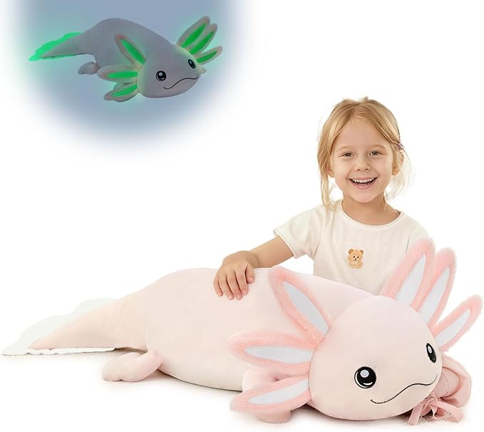 MaoGoLan Giant Glow in the Dark Axolotl Plush Pillow – 48'' Pink Axolotl Stuffed Animal, Hugging Salamander Plush Toy for Kids Girl Boy, Large Salamander Body Pillow Birthday Gift Baby Shower Decor