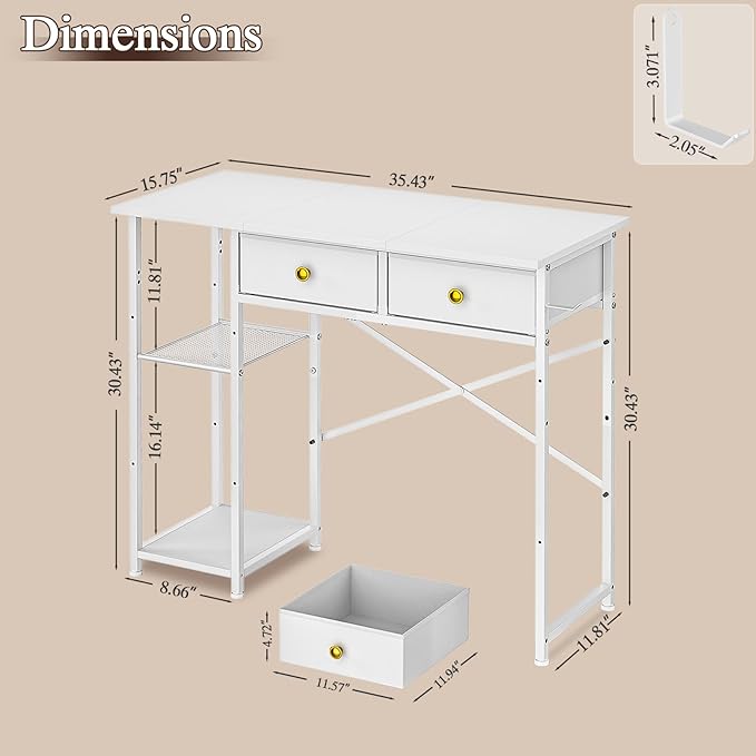 DAOUTIME White Computer Desk, 36 Inch Small Desk with Drawers, Home Office Desk with Storage Shelves for Bedroom, Living Room, Dorm, Vanity Desk for Small Spaces, White