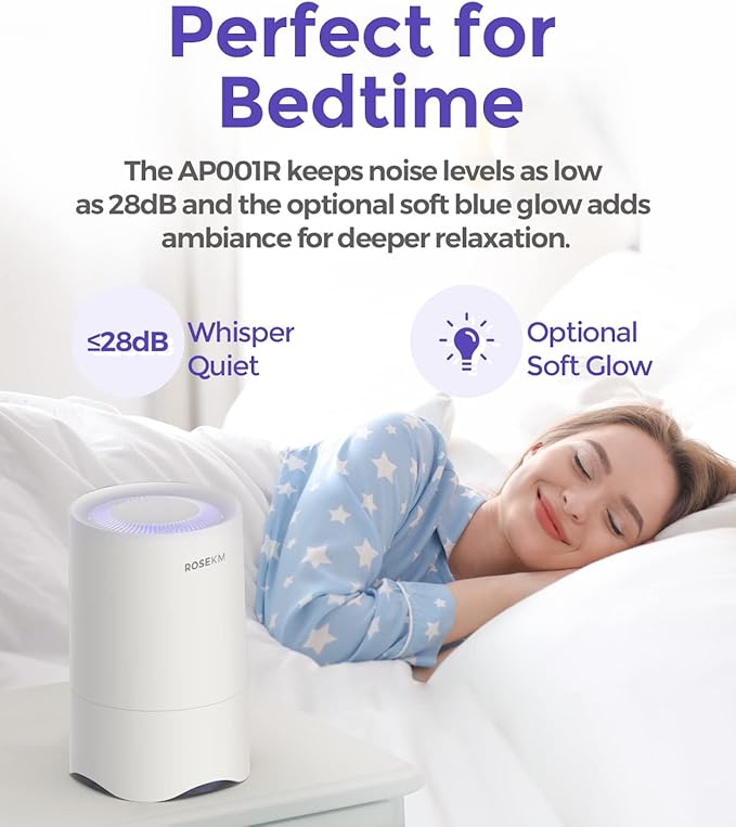 Rosekm Small Air Purifier for Home Bedroom, Personal Desk Mini Air Purifier, Room Hepa Air Purifier Fresheners Cleaner for Dorm, Pets, Smoke, Desktop, Office (White)