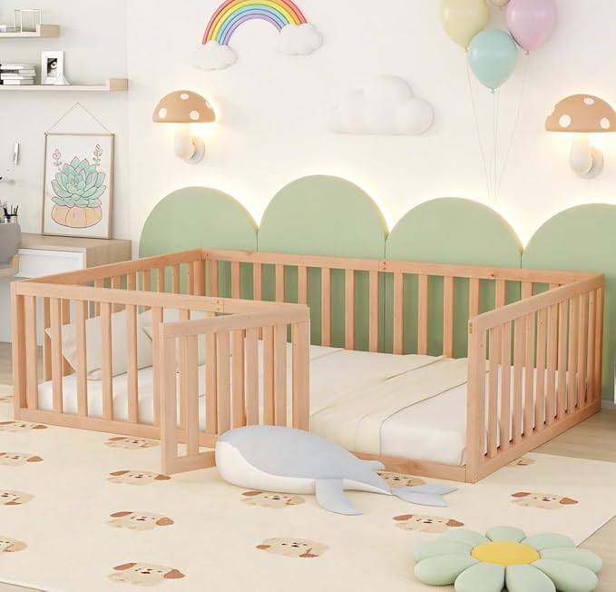 Bellemave Full Size Montessori Floor Bed with 21.7" High Rails, Pine,Plywood Floor Bed with Small Door, Natural
