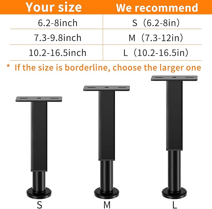 4PCS Adjustable Height Bed Support Legs, 6.2-8 In, Metal Heavy Bed Risers with Non-Slip Rubber Base, Replacement Furniture Feet for King Queen Frame Slats, Sofa, Couch, Cabinet, Dresser, Table