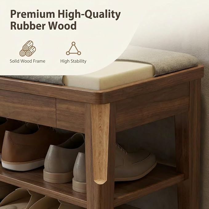 Shoe Bench with Storage, Wooden Shoe Storage Bench with Cushion&Hidden Drawer, 2-Tier Shoe Rack Bench for Entryway, Mudroom, Hallway