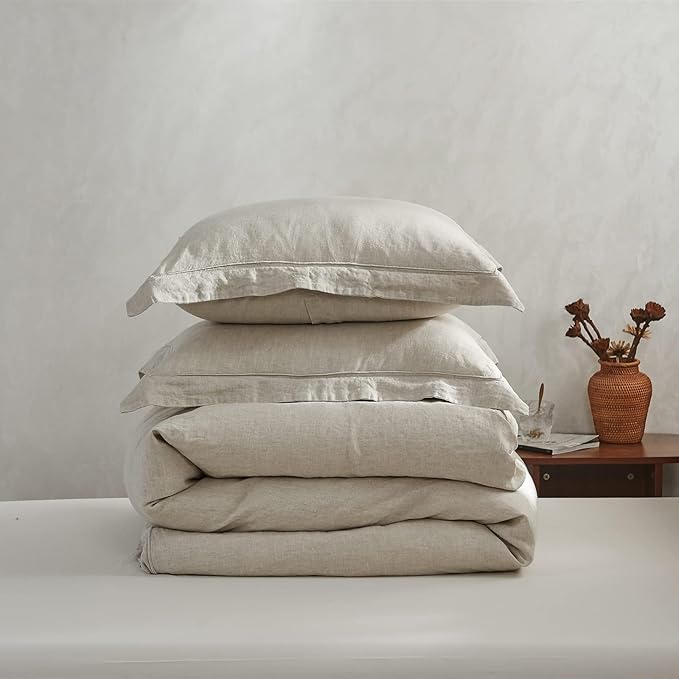 Simple&Opulence 100% Linen Duvet Cover Set with Embroidery Border Washed - 3 Pieces (1 Duvet Cover with 2 Pillow Shams) with Button Closure Soft Breathable Farmhouse - Linen, Queen Size