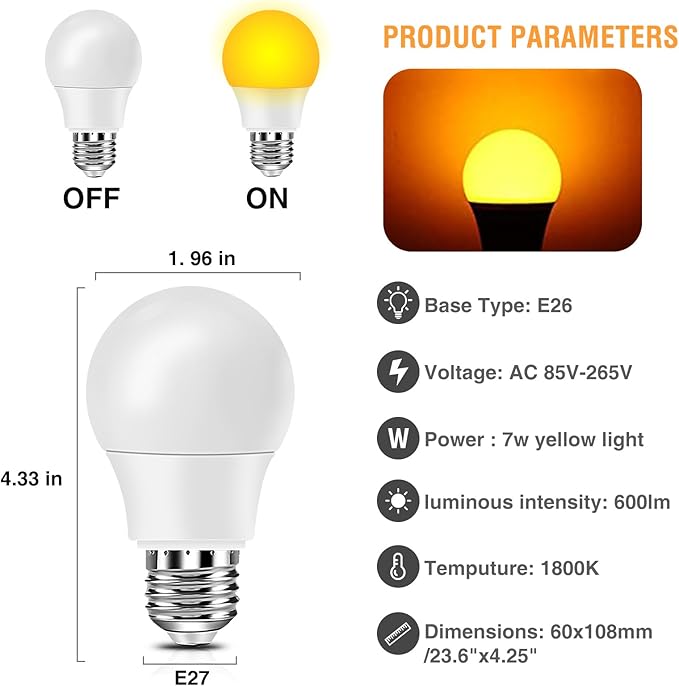 Neporal Amber Light Bulbs, 9W, 60W Equivalent, A19, Soft, Blue Light Blocking, Warm, 1800K, Night Light, Dim, Healthy Sleep and Baby Nursery (6)