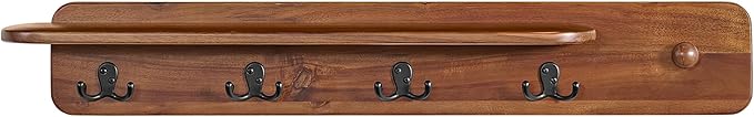 Alaterre Furniture Calais 36 Inch Wall Mount Coat Rack with Shelf with 4 Coat Hooks and Peg – Acacia Wood Wall Hangers (Chestnut)