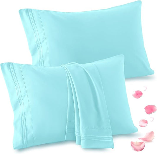 Vonty 2 Pack Standard Pillow Cases - 20x26 Inch, 1800 Thread Count Microfiber Pillowcases Standard Size Aqua Blue Pillow Cases Luxury & Soft Embroidered Bed Pillow Covers with Envelope Closure
