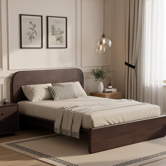 Merax Walnut Queen Size Platform Bed Frame, Modern Minimalist Wood Bed Frame with Rounded Headboard, Heavy Duty 800 lbs Support, No Box Spring Needed