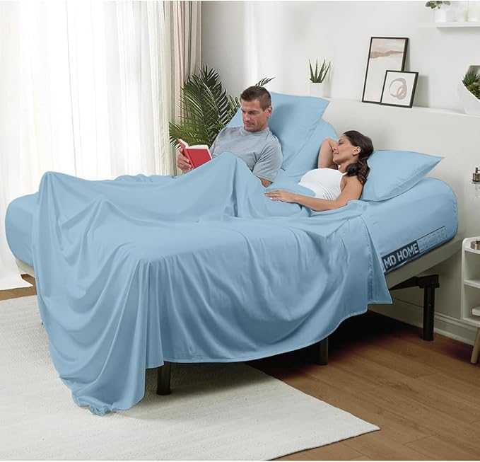 Top Split Flex Head King Size Sheet Set, 34" Top Split Sheets, Sheet Sets for Adjustable Beds, Egyptian Cotton, 16 Inch Deep Pocket, Light Blue, Solid