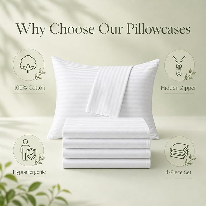 100% Cotton 600TC 4PC Pillow Protectors with Zipper Queen Size Hypoallergenic Breathable Hotel Collection Pillow Covers Ultra Soft 20 x 30 Inches Pillowcases