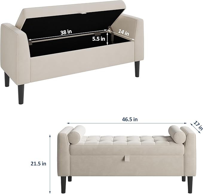 Garvee 46.5 in Storage Ottoman Bench – Upholstered End-of-Bed Storage Chest with Rolled Armrests & Wood Legs, Entryway Shoe Bench and Footrest Seat for Hallway, Bedroom & Living Room （Beige）