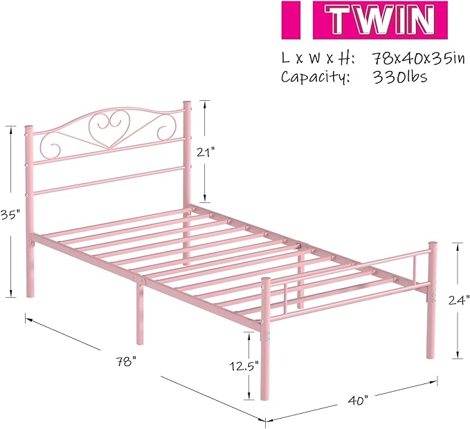 VECELO 14 Inch Twin Size Metal Platform Bed Frame with Headboard and Footboard, Heavy Duty Mattress Foundation with Steel Slats Support, No Box Spring Needed, Pink