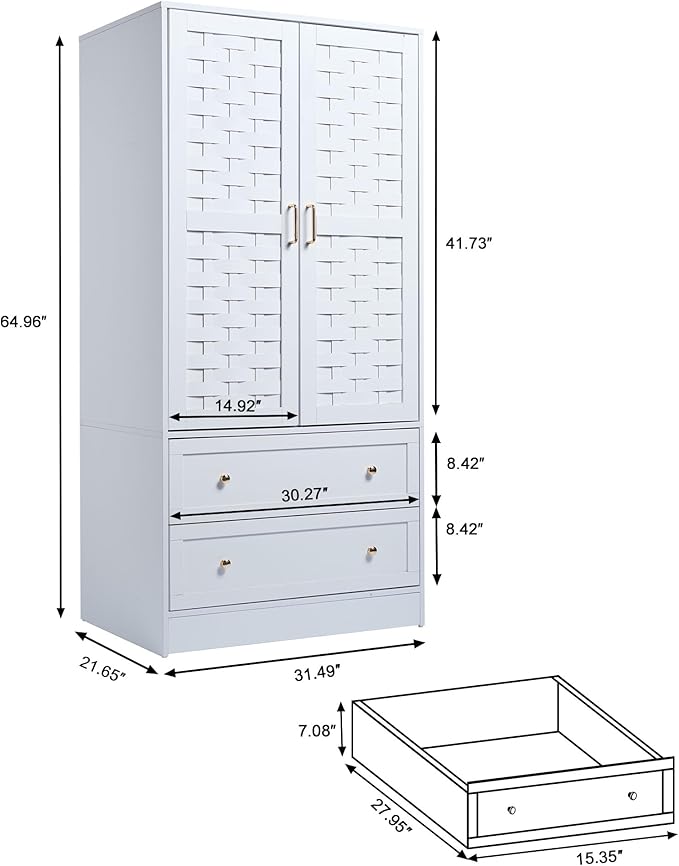 LEVNARY Armoire Wardrobe Closet with 2 Woven Doors, Wardrobe Cabinet with 2 Storage Drawers and Hanging Rail, Freestanding Wooden Closet for Bedroom (White)