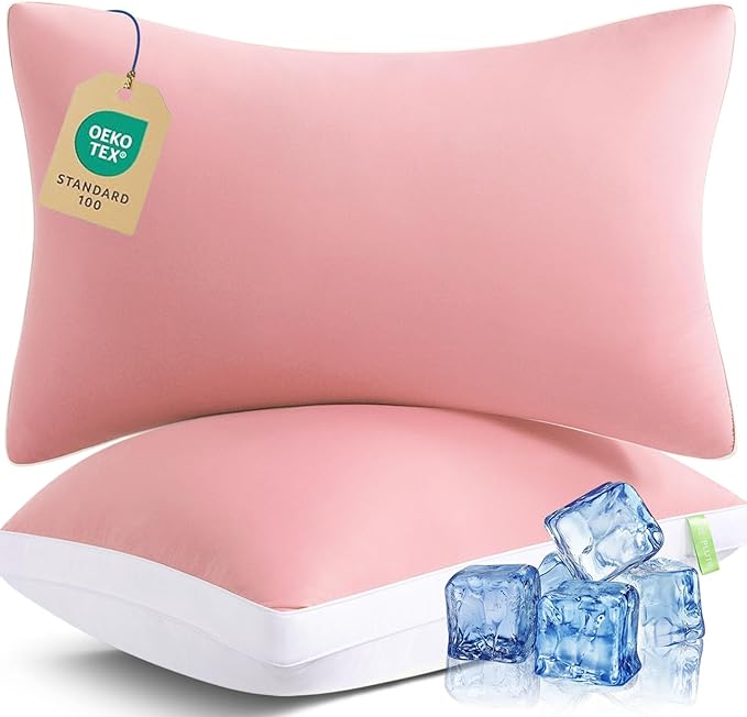 MEELUS Silky Soft Pillows Queen Size Set of 2, Reversible Down Alternative Bed Pillows, Skin Friendly Cool Fabric for Hair & Skin, Luxury Hotel Quality, Cooling Pink, 20 x 30 Inches