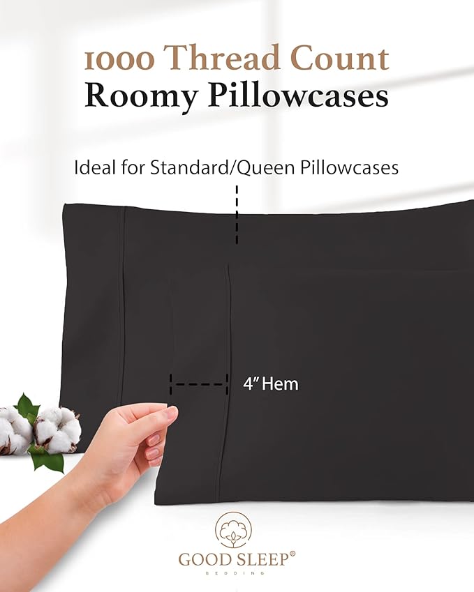 1000 TC Black Standard Pillowcases Set of 2 100% Egyptian Cotton Pillow Cases with Long Staple Cotton & Sateen Weave, Silky Soft Hotel - Like Bed Pillow Covers for Comfy Sleeping, Snug Fit