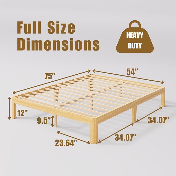 12 Inch High Bamboo Wood Full Size Bed Frame Platform, Metal Slat Support Bed Frame Full Size, No Box Spring Needed, Easy Assembly, Noise Free, Reinforced