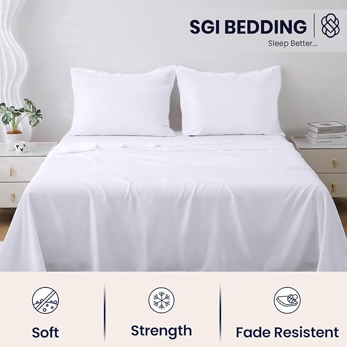 SGI bedding 100% Egyptian Cotton Sheets Twin XL Size – 600 Thread Count Sheets Set, Soft, Cooling, 15" Deep Pocket, Luxury Hotel Bedding, Breathable, Durable - White