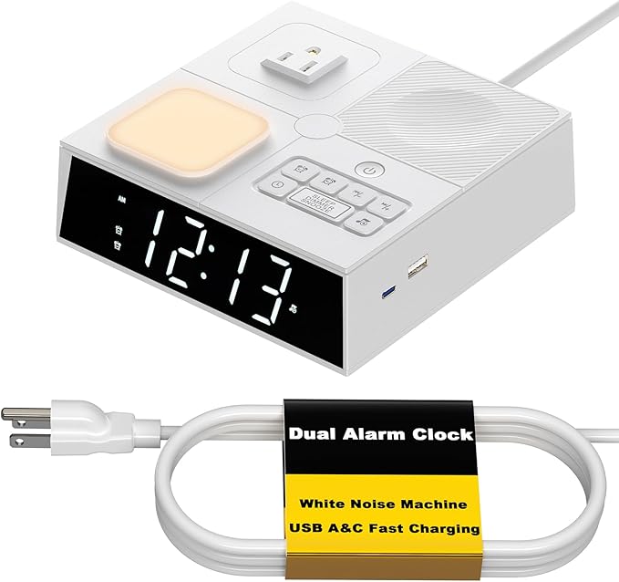 Kungfuking Sound Machine Alarm Clock with 41 White Noise Sounds, 2 USB Chargers Power Strip, Large Dimmable Display Dual Timer Clocks for Bedroom Dorm Hotel Room
