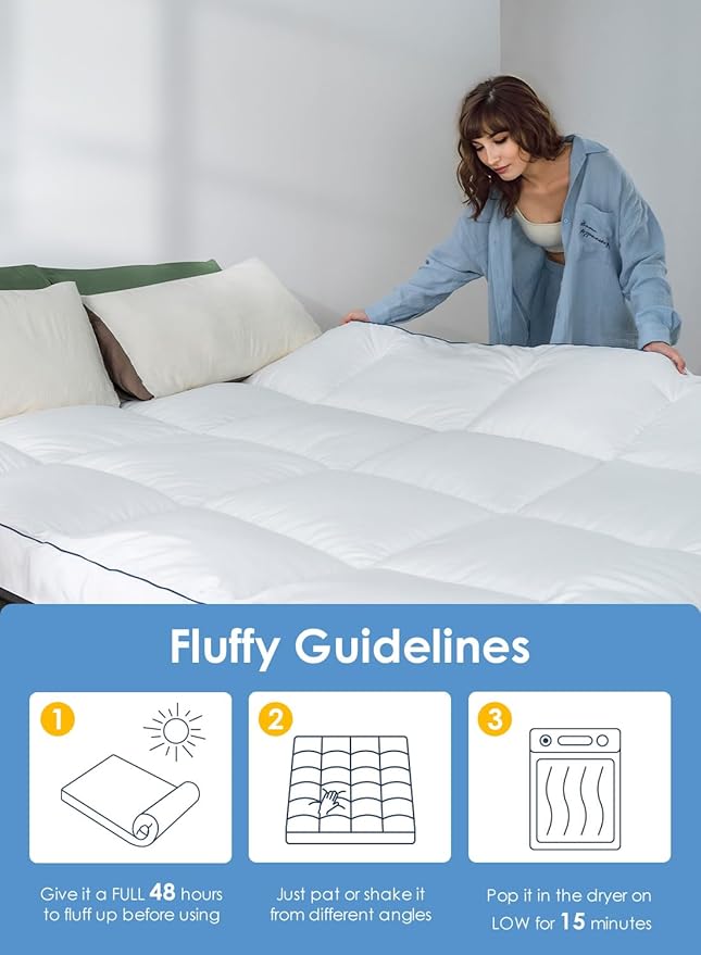 QUEEN ROSE Mattress Topper King Size, Pillow Top Extra Thick Mattress Pad, Soft Baffle Box Overfilled Down Alternative for Back Pain, 4 Corner Straps, White
