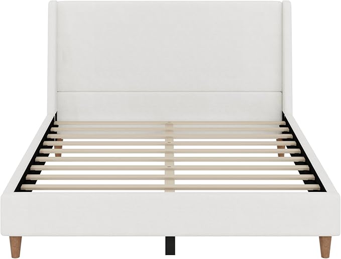 Merax Solid Wood Queen Size Boucle Bed Frame with Wingback Headboard, Modern Upholstered Platform with Walnut Wooden Legs, Strong Wooden Slats, No Box Spring Needed, Easy Assembly, Noise-Free, Ivory
