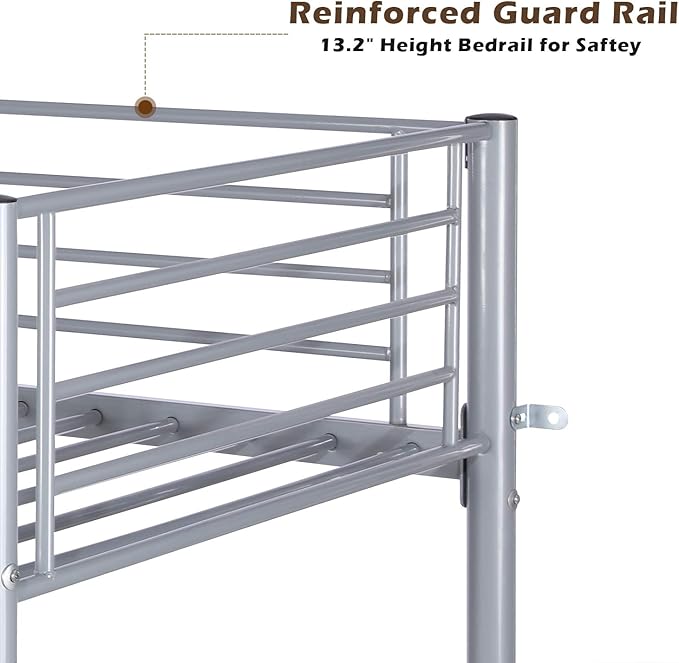 Bonnlo Metal Bunk Bed Twin Over Twin Bed Frames for Kids Bunk Beds with Flat Ladder Rungs, Heavy Duty Bunk Beds for Kids/Teens/Adults, Double Twin Bed with Metal Slats and Heighten Guardrails, Gray