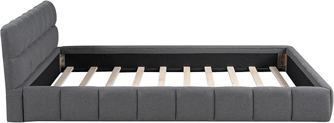 Merax Modern Tufted Platform Bed Queen Linen Floor Bed Frame with Headboard No Box Spring Needed Gray