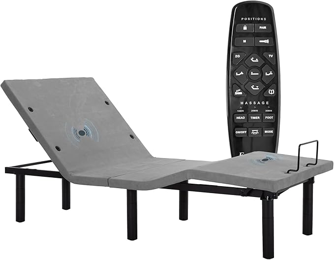 Fromann Adjustable Electric Twin XL Bed Base Frame with Massage, USB Type-C Ports, Zero Gravity, Under Bed Led Lighting and Three Leg Height (Grey)