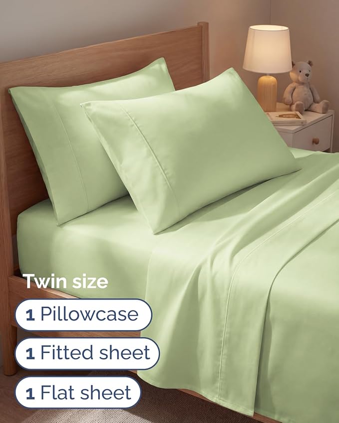 Twin 4 Piece Sheet Set - Comfy, Breathable & Cooling - Hotel Luxury Bedding for Women, Men, Kids, Teens & Children - 1 Flat & 1 Fitted Sheet & 2 Pillowcases w/ Deep Pockets - Wrinkle Free - Light Sage