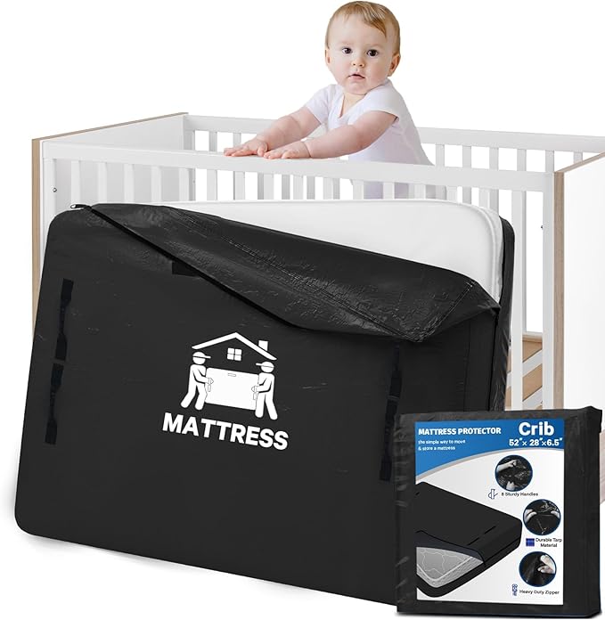Mattress Bags for Moving, BETU Mattress Protector Waterproof Mattress Cover Crib Size Storage Bags with 8 Heavy-Duty Handles and Zipper for Bed Extra Thick Large Reusable (52"x28"x6.5" Black)