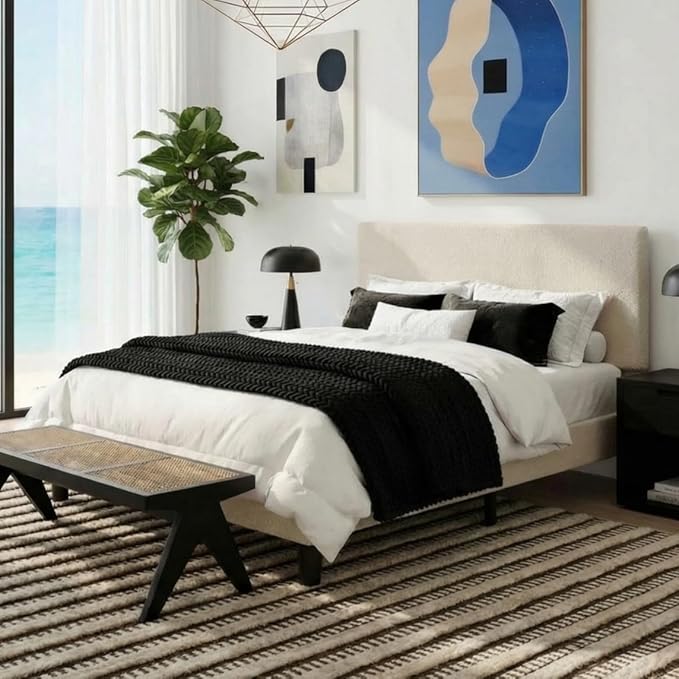 SHA CERLIN Full Size Platform Bed Frame with Adjustable Headboard and Wooden Slats Support, Boucle Upholstered Mattress Foundation, No Box Spring Needed, Easy Assembly, Soft Cream