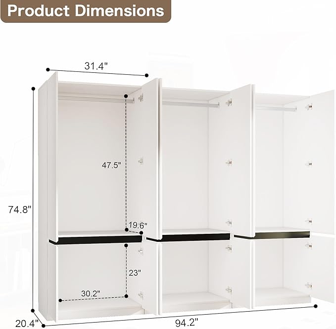 White Armoire Wardrobe Closet: 74" Large Wardrobe Closet with 6 Doors, Wood Closets Cabinet for Hanging Clothes, Freestanding Bedroom Armoires (94.5 in-6 Doors)