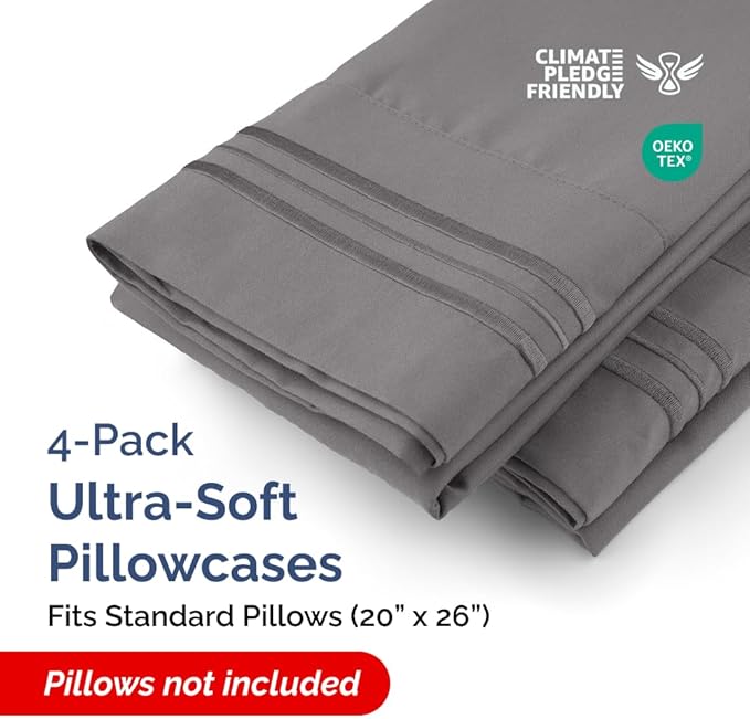 Standard Pillow Cases Set of 4 - Ultra Soft Hotel Quality Pillowcase Covers - Comfy Bedding for Women, Men, Kids & Teens - Machine Washable Pillow Protectors - 4 Piece Set - Standard Size Dark Grey