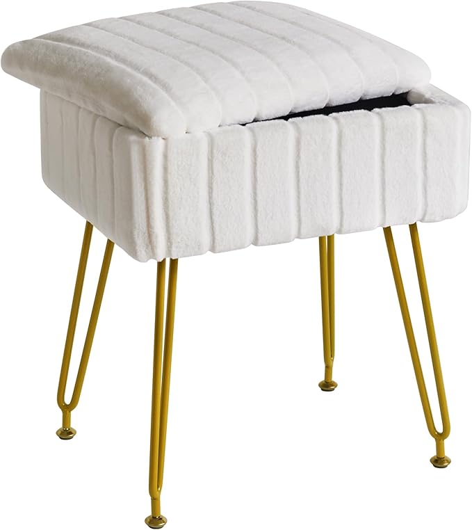 IBUYKE Vanity Chair with Storage Space, Footrest Ottoman, Small Side Table, Vanity Stool for Makeup Room, Bedroom, with Anti-Slip Feet, Faux Fur, White LG-50W