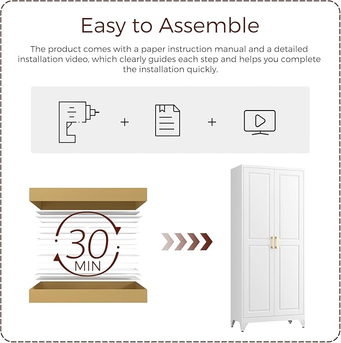 Metal Armoire Wardrobe Closet with 2 Doors, 71" Tall Wardrobe Closet with Doors, Hanging Rod, Drawers and Adjustable Shelves, White Clothing Storage Cabinets for Bedroom, Home Office