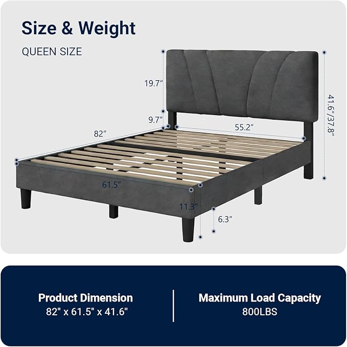 Avenco Queen Bed Frame, Upholstered Platform Bed Frame with Adjustable Headboard, Wood Slat Support, Easy Assembly, No Box Spring Needed, Light Grey
