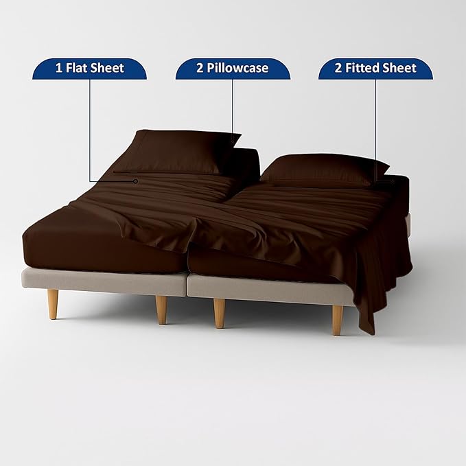 5 Piece Split Cal King Sheet Set, 100% Egyptian Cotton, 16 Inch Deep Pockets, Chocolate Solid, Soft Cooling Sheets for Adjustable Beds, Sleep Number Beds, Split Cal King Mattress Sheet Set
