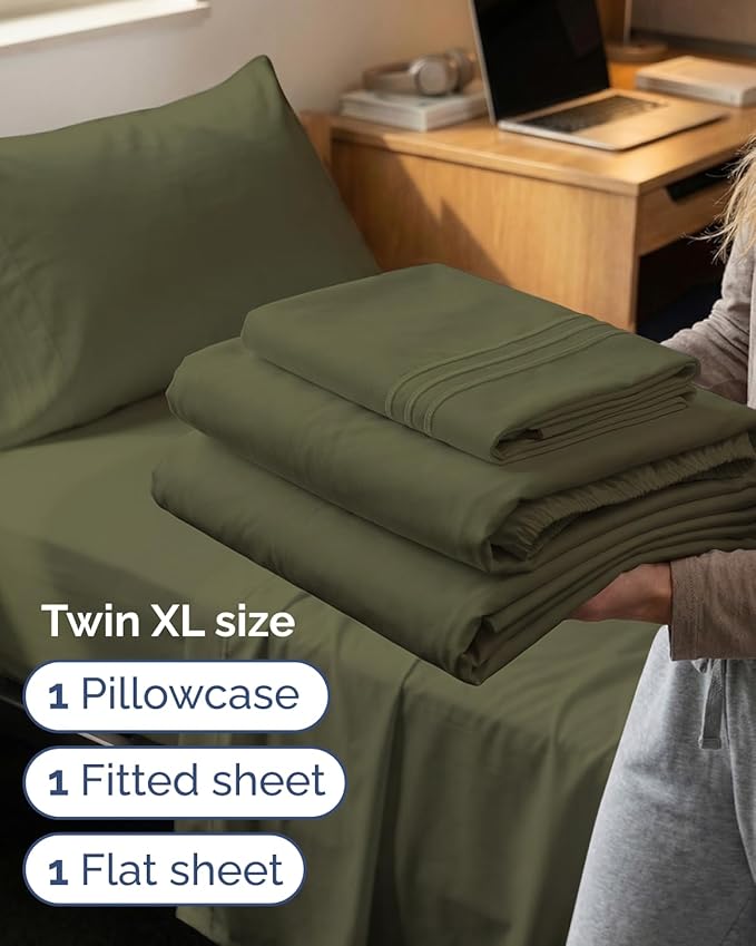Twin XL Size 3 Piece Sheet Set - Comfy Breathable & Cooling Sheets - Hotel Luxury Bed Sheets for Women & Men - Deep Pockets, Easy-Fit, Soft & Wrinkle Free Sheets - Sage Green Oeko-Tex Bed Sheet Set
