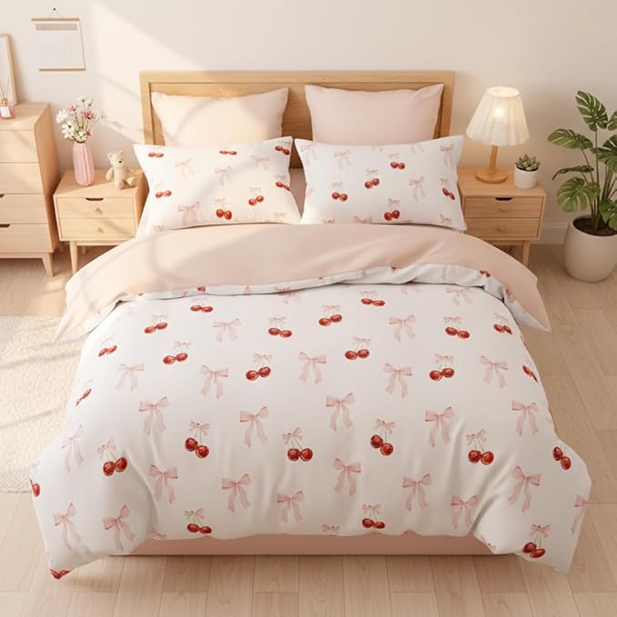Nayoroom Pink Bow Duvet Cover Queen Size Reversible Red Cherry Duvet Cover 3 Pieces Soft Lightweight Microfiber Kids Girls Cute Aesthetic Dorm Bedding Set